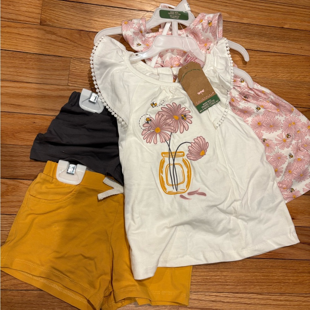 Savannah Organic Cotton Summer girls four piece set, mason jar, pink daisy, bees